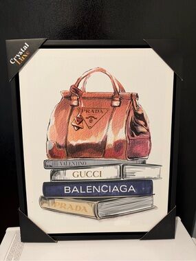 Prada Gucci Balenciaga Valentino Fashion Book Stack Framed Wall Art Glam New